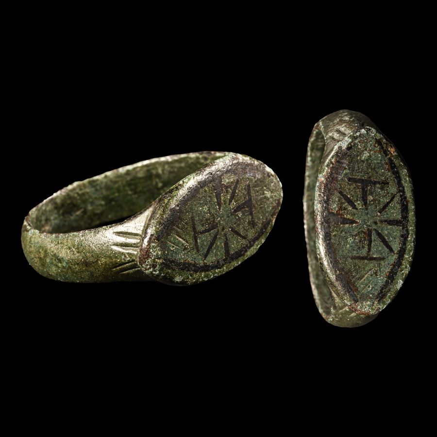 Byzantine Bronze Signet Ring with Niello Cross
