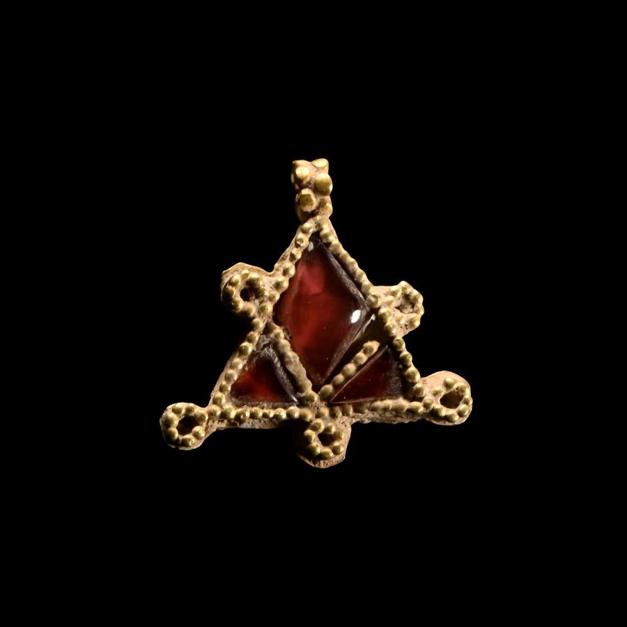 Medieval Gold Triangular Pendant with Cabochons