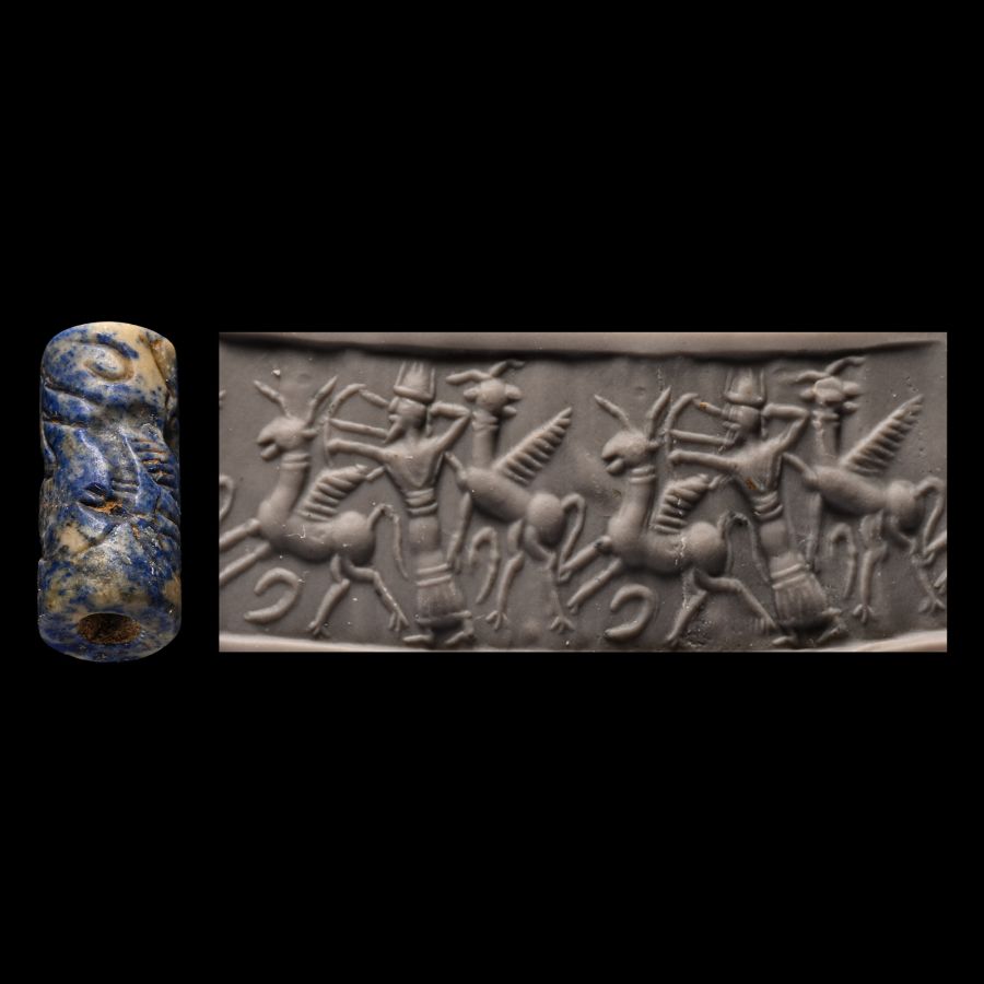 Western Asiatic Lapis Lazuli Cylinder Seal with Hunting Scene