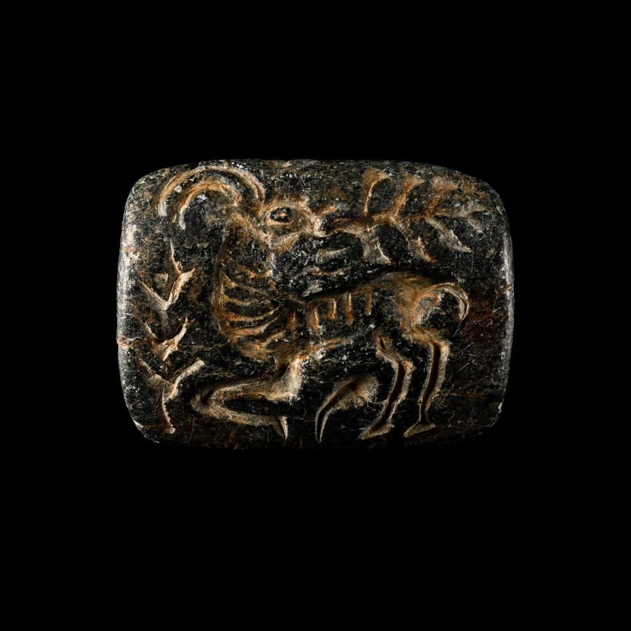 Large Bactrian Bifacial Stone Stamp Seal with Serpent and Ibex