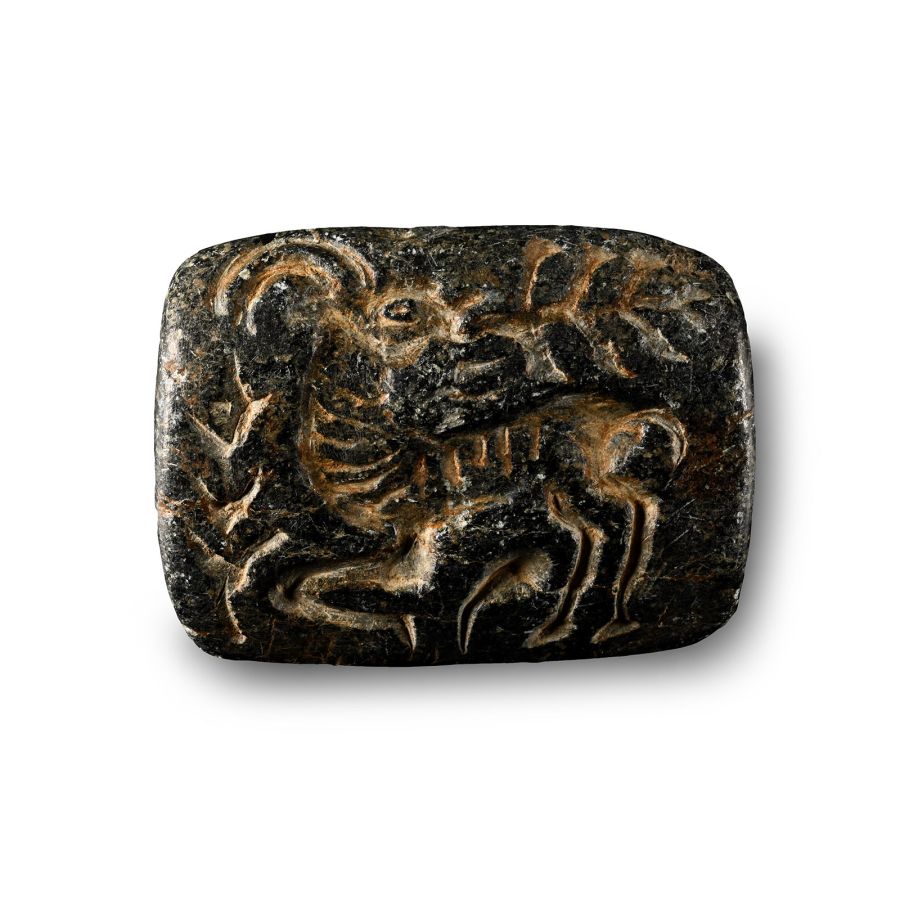 Large Bactrian Bifacial Stone Stamp Seal with Serpent and Ibex