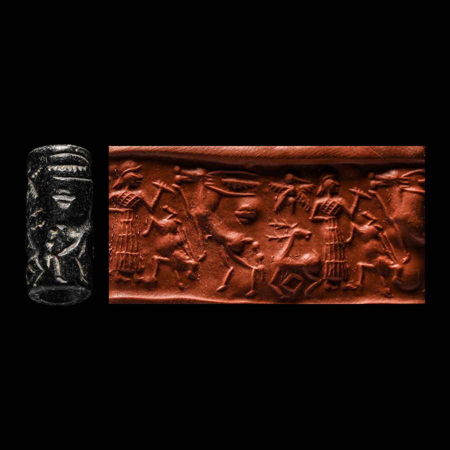 Western Asiatic Black Stone Cylinder Seal with Figural Combat Scene