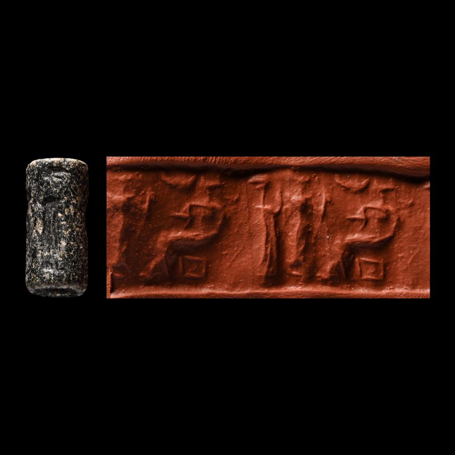 Western Asiatic Black Stone Cylinder Seal with Presentation Scene