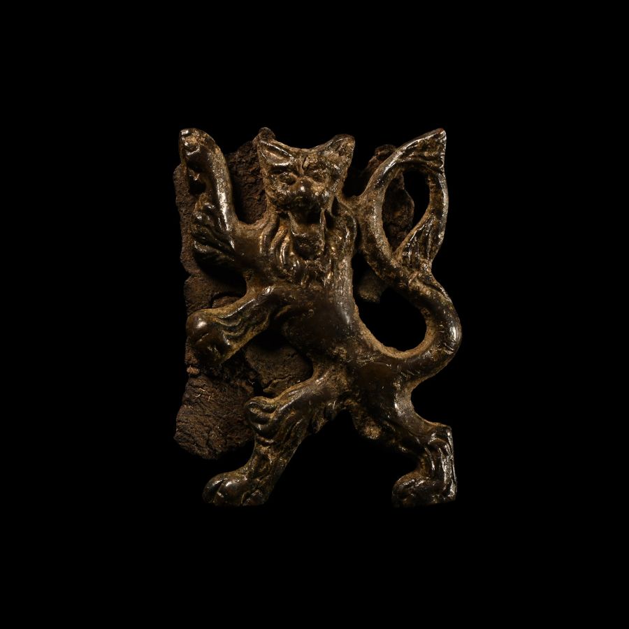 Post Medieval Bronze Rampant Guardant Lion Heraldic Mount