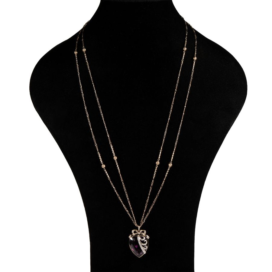 Antique Heart-Shaped Amethyst and Diamond Pendant with Gold Necklace