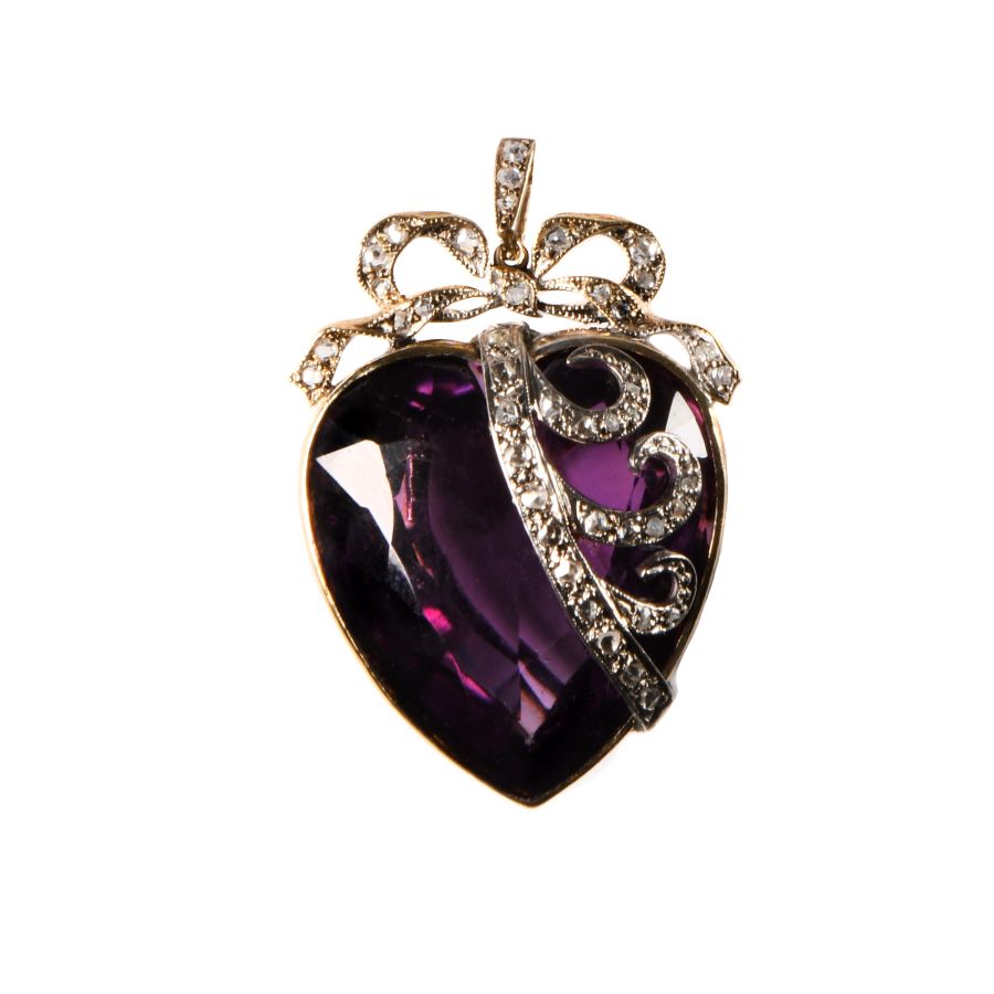 Antique Heart-Shaped Amethyst and Diamond Pendant with Gold Necklace
