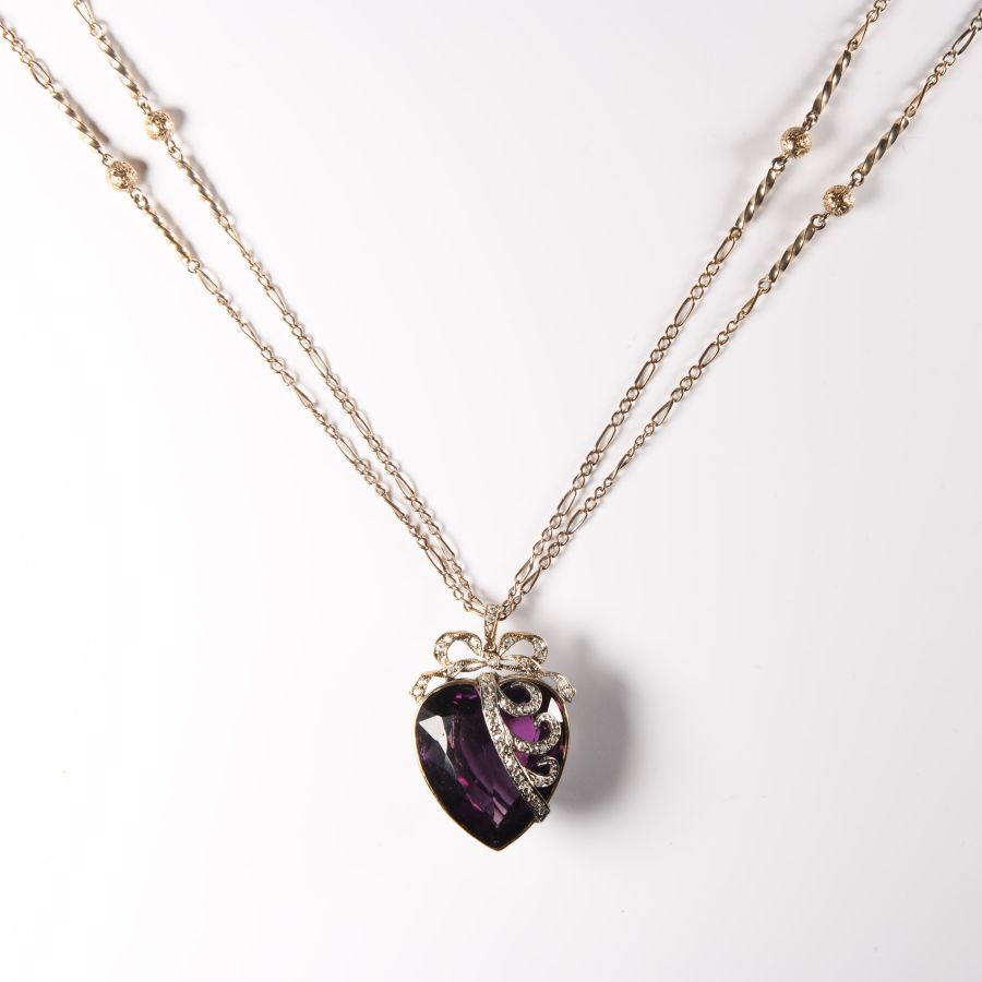 Antique Heart-Shaped Amethyst and Diamond Pendant with Gold Necklace
