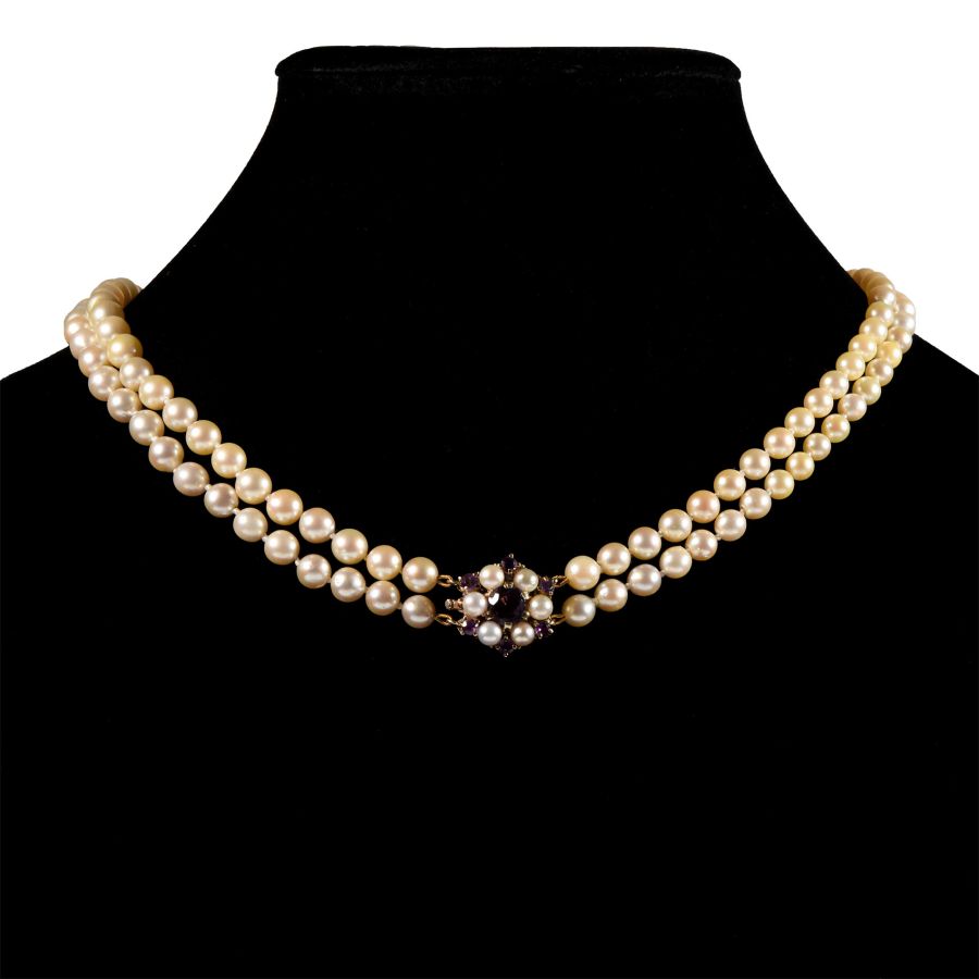 Vintage Cultured Pearl Necklace with Gold, Amethyst and Pearl Clasp