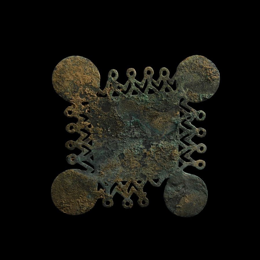 Luristan Bronze Horse Harness Mount with Figures Holding Hands