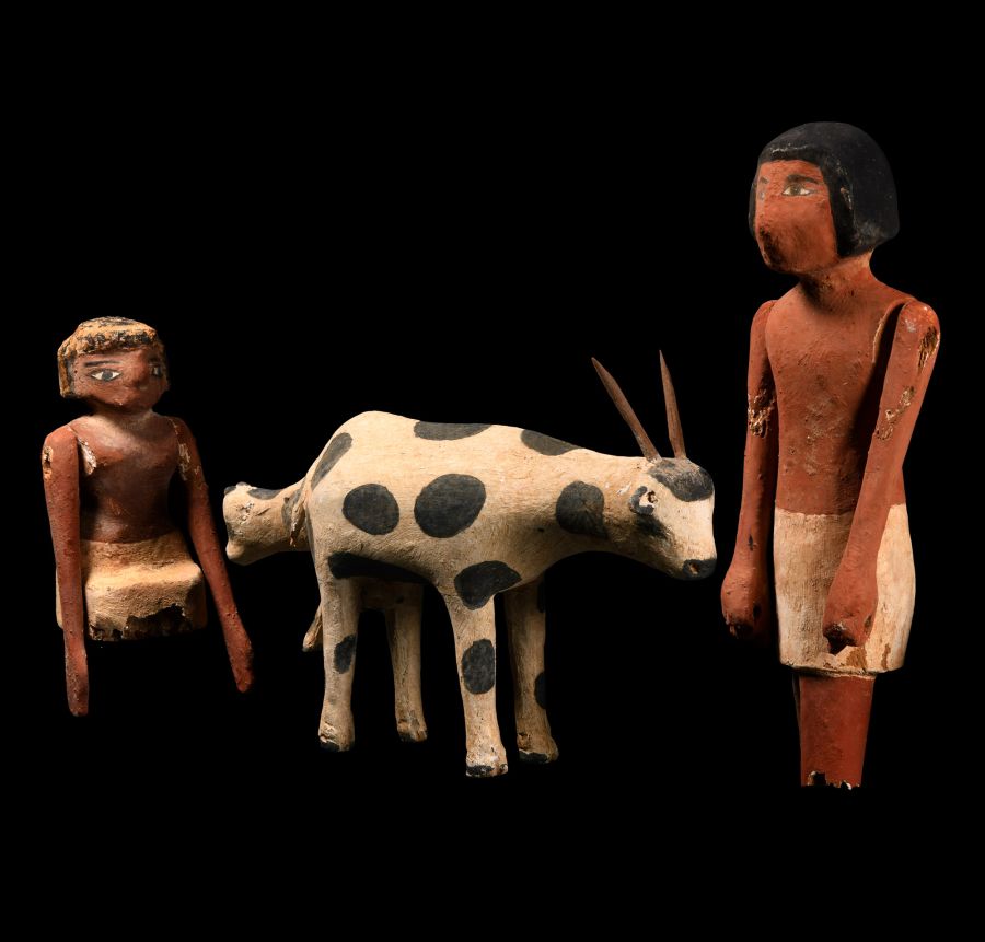 Egyptian Wooden Cow Giving Birth Diorama with Two Figures