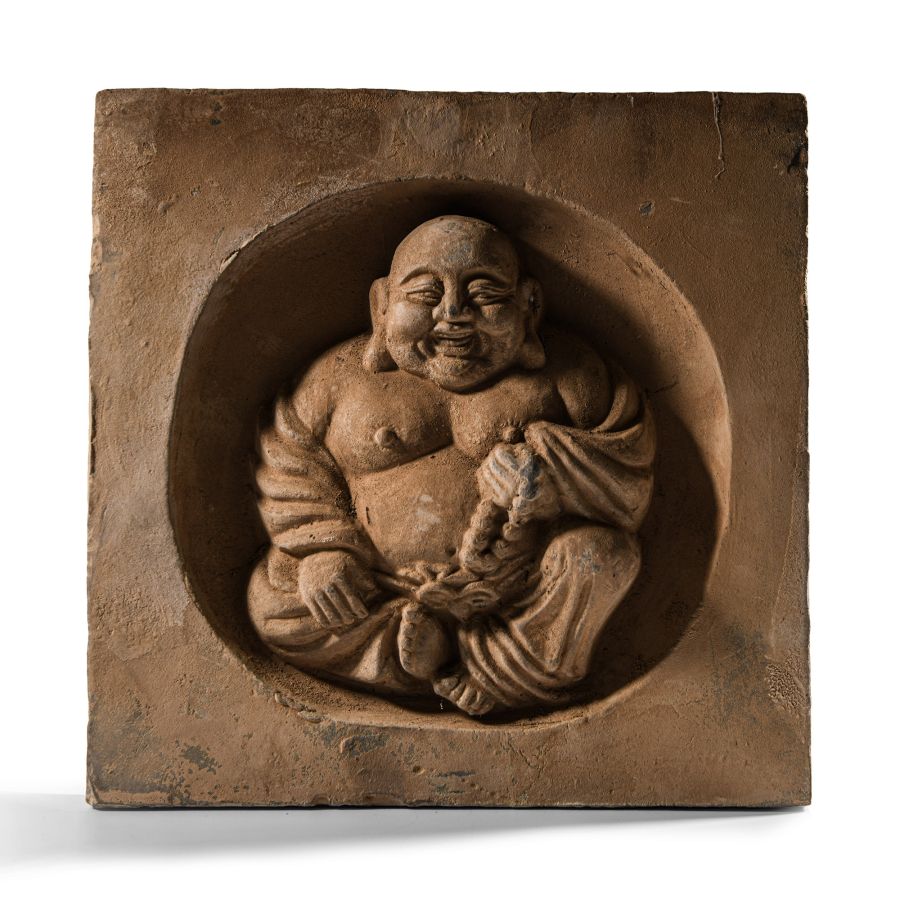 Chinese Song Ceramic Temple Tile with Seated Monk Budai