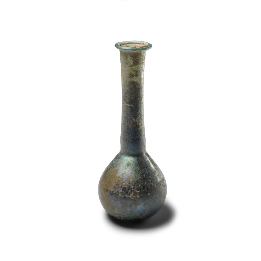 Roman Iridescent Green Glass Ampulla