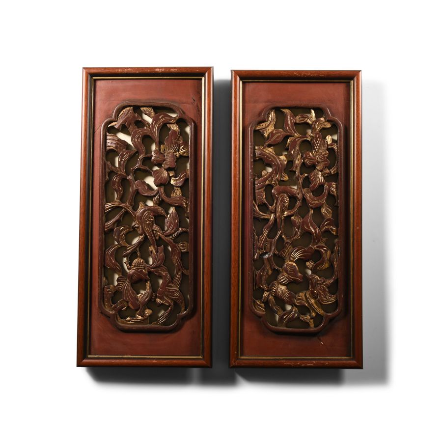 Chinese Gilt Wooden Carved Floral Panel Pair