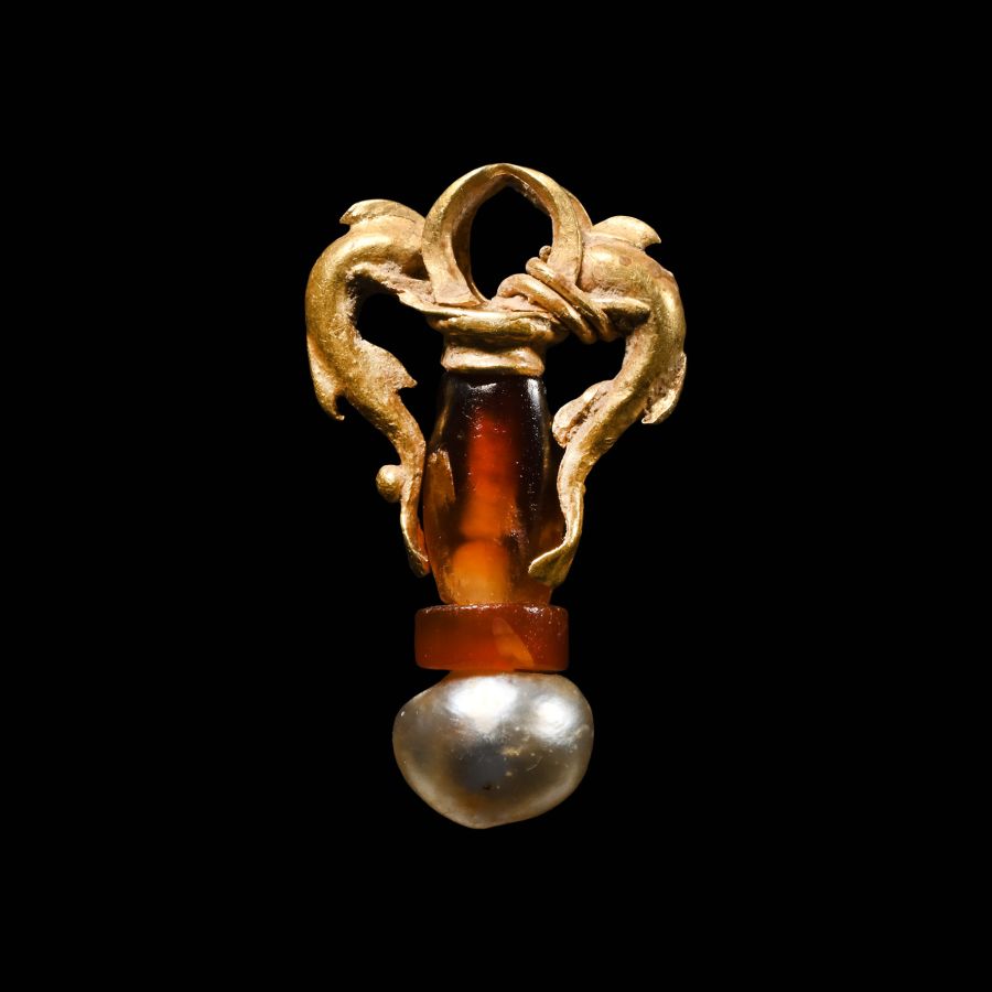 Greek Gold and Bead Pendant with Dolphins
