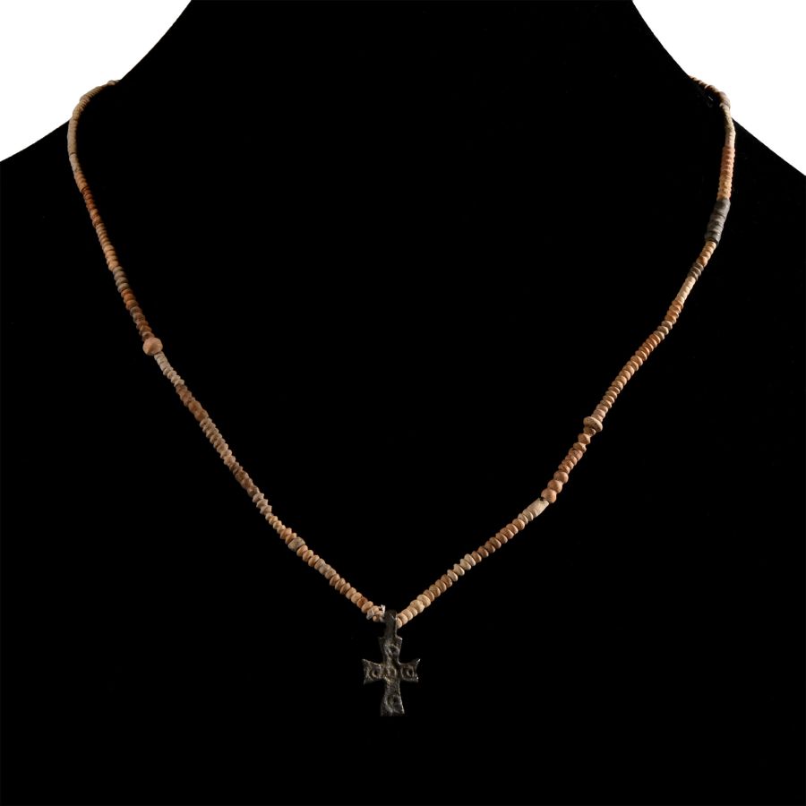 African Terracotta Bead Necklace String with Bronze Cross