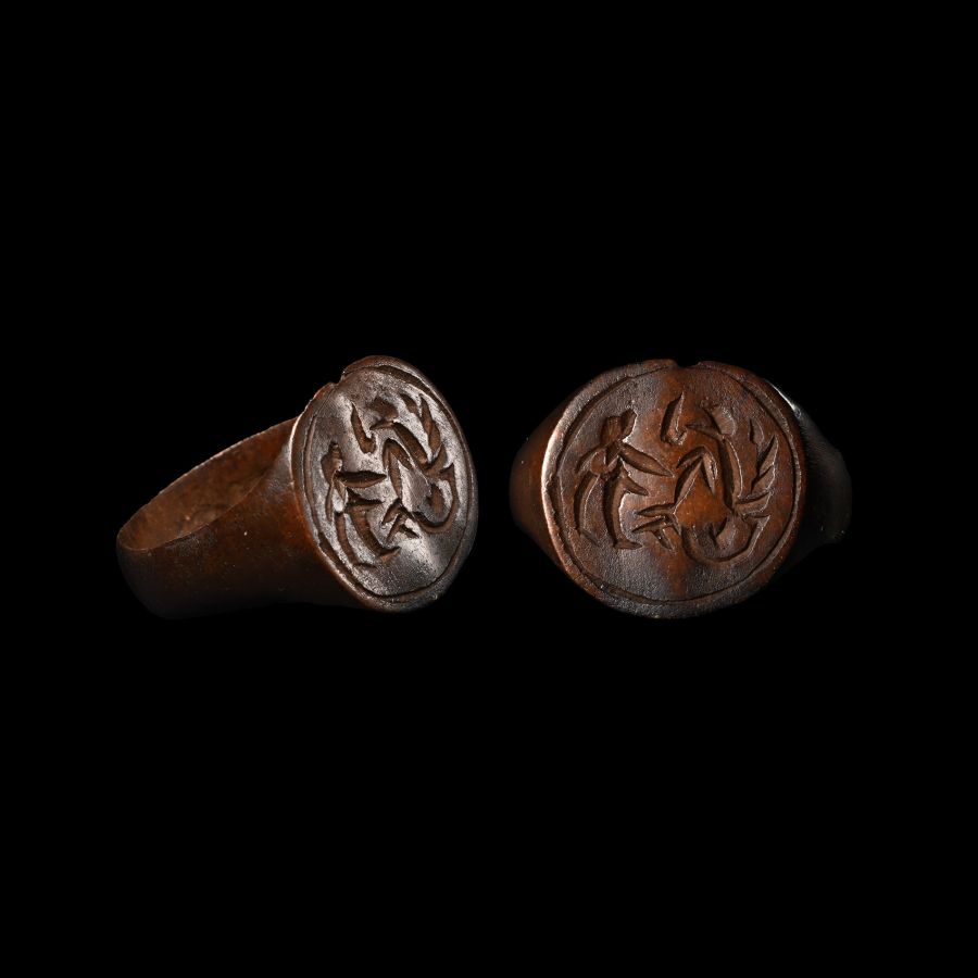 Tudor Period Bronze Signet Ring with Animals