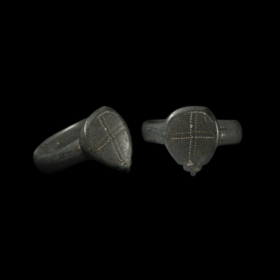 Medieval Bronze Ring with Cross on Bezel