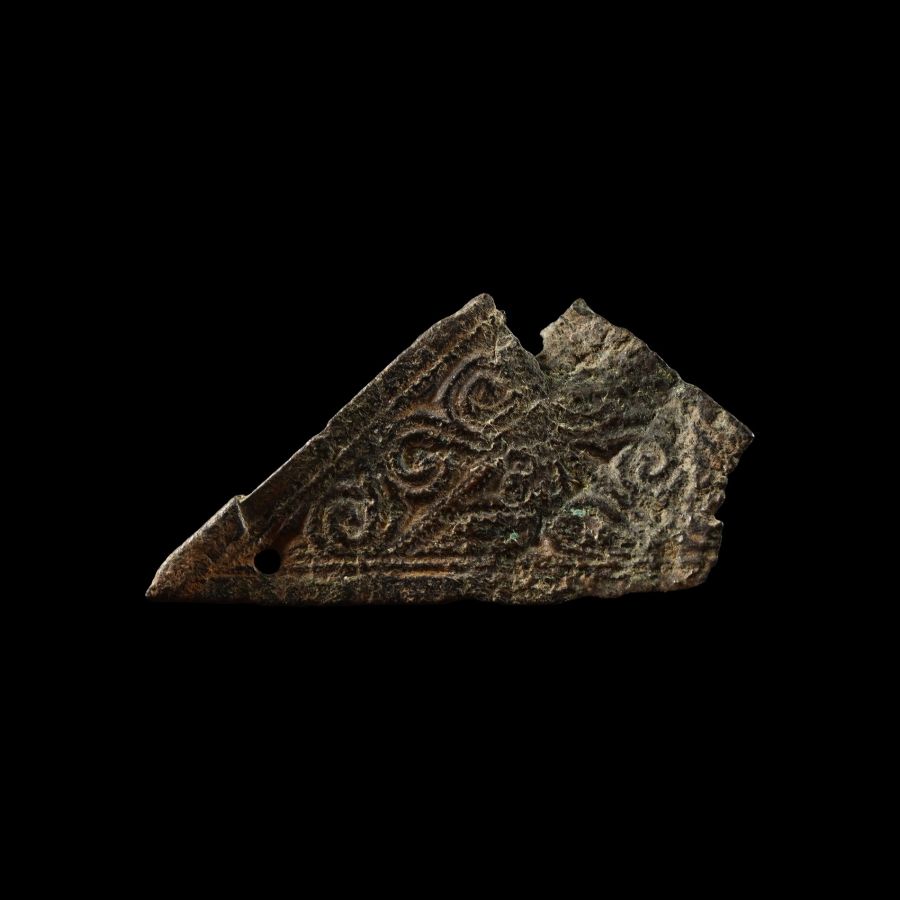 Late Roman Bronze Triangular Belt Mount with Scrolls