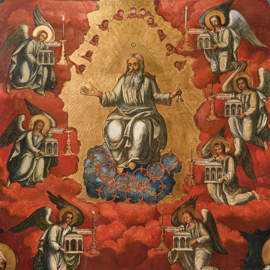 Large Framed Gilt Icon Painting with Vision of Saint John on Patmos
