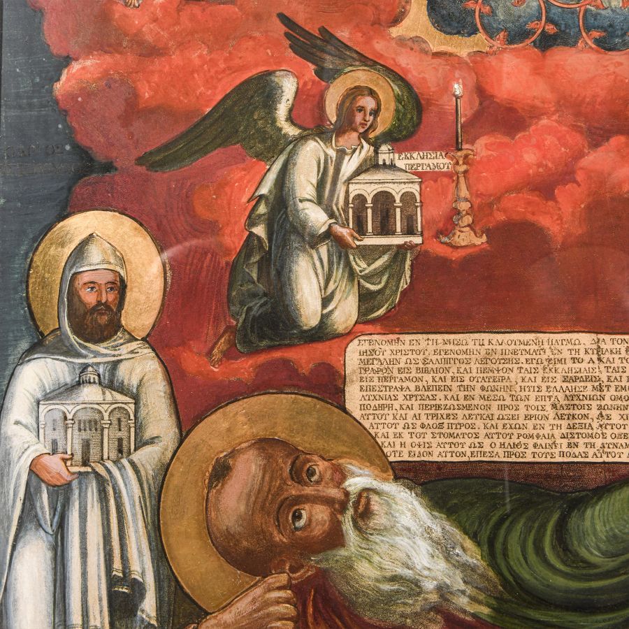 Large Framed Gilt Icon Painting with Vision of Saint John on Patmos