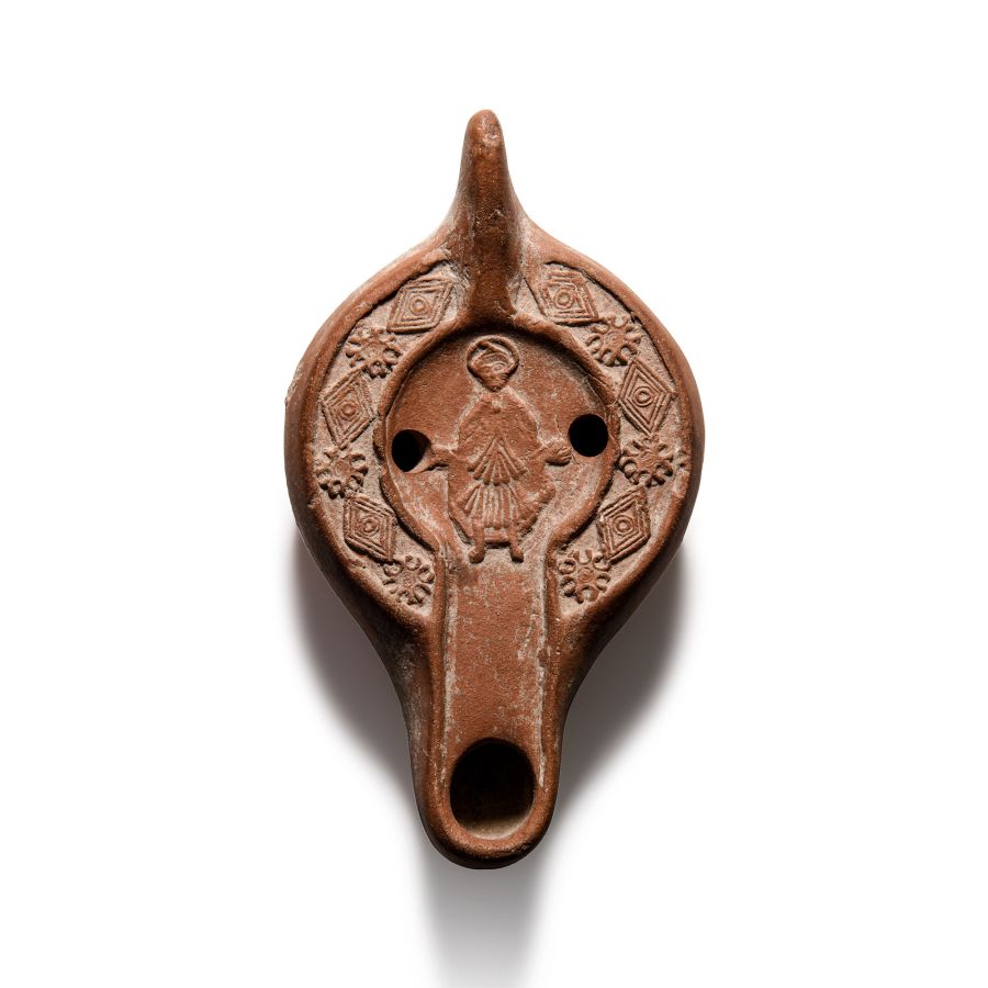 Late Roman Redware Oil Lamp With Daniel Standing