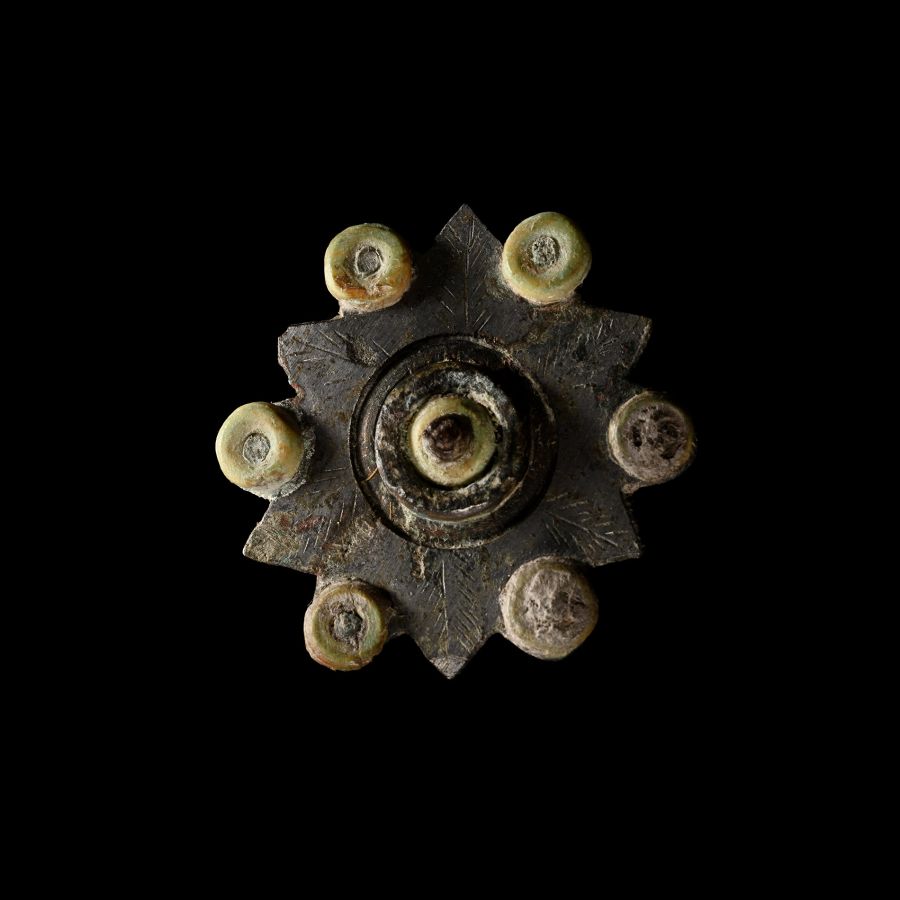 Roman Tinned Bronze Plate Brooch Complete with Coral Appliques