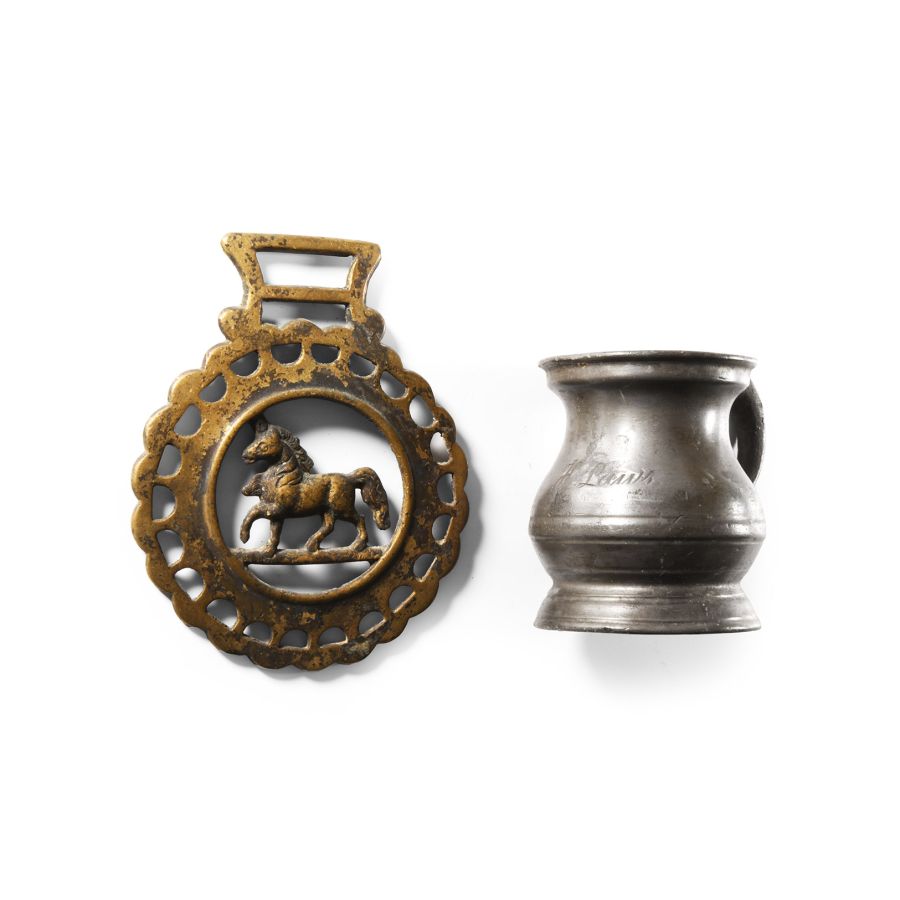 Georgian Pewter Gill Measure and Horse Brass