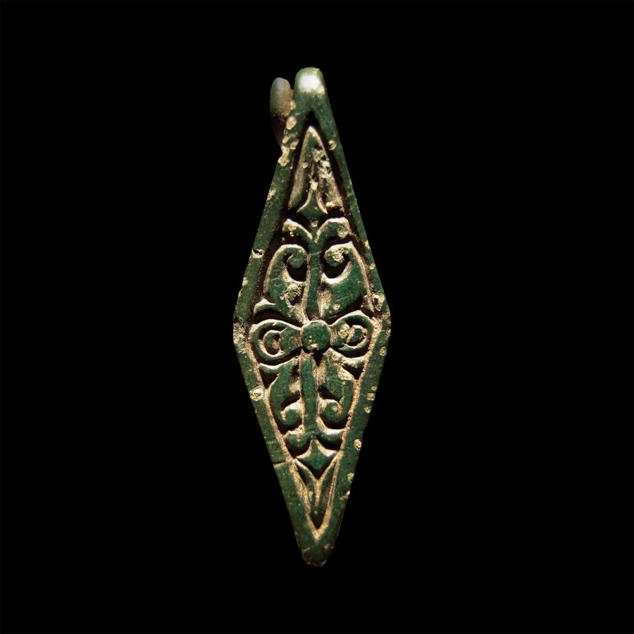 Anglo-Saxon Gilt Chip-Carved Bronze Lozengiform Brooch