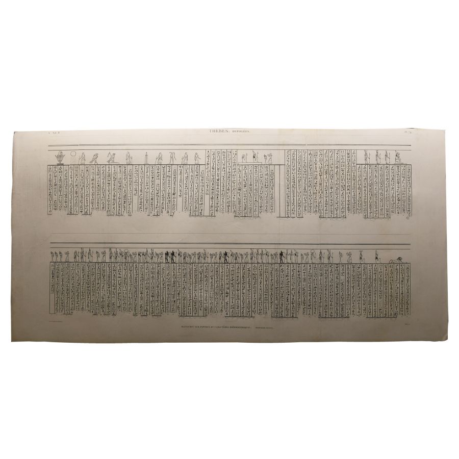 Large Egyptian Expedition Lithograph Print with Hieroglyphs