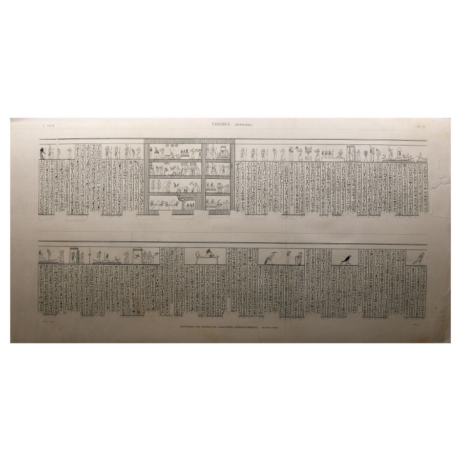 Large Egyptian Expedition Lithograph Print with Hieroglyphs