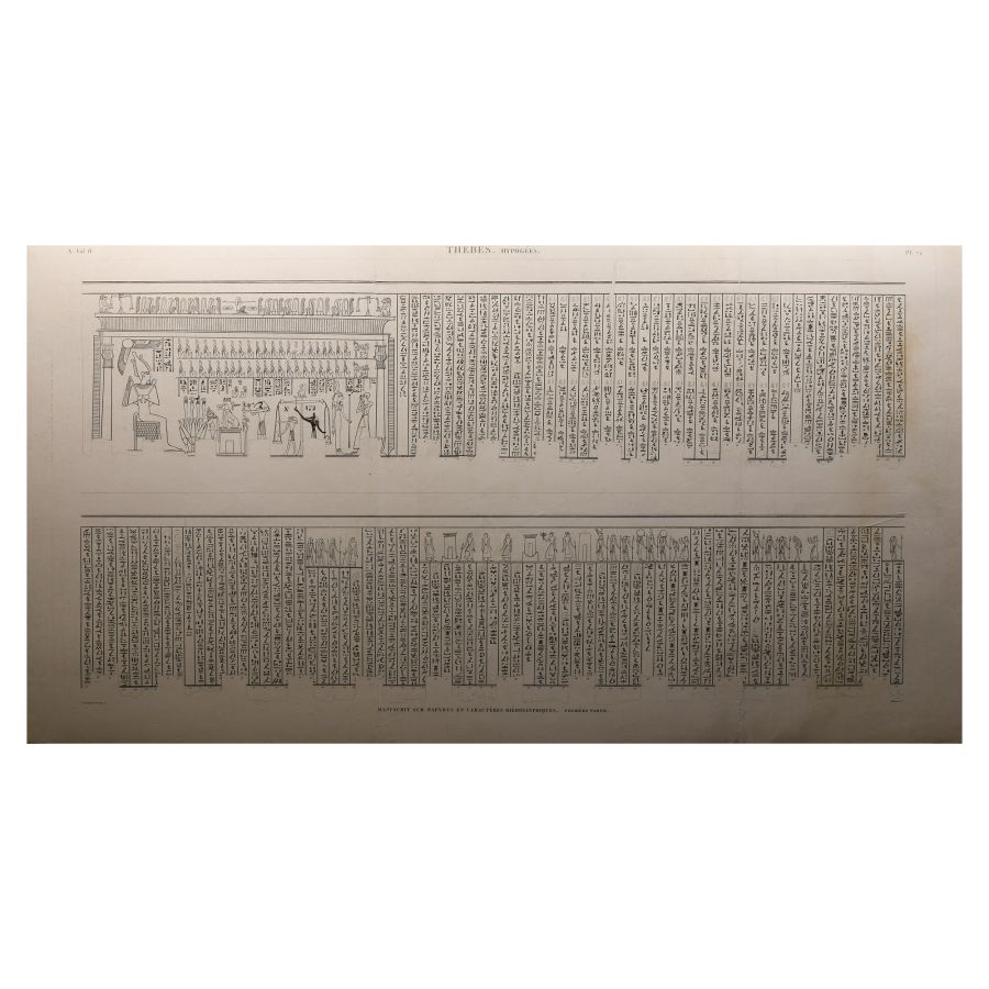 Large Egyptian Expedition Lithograph Print with Hieroglyphs