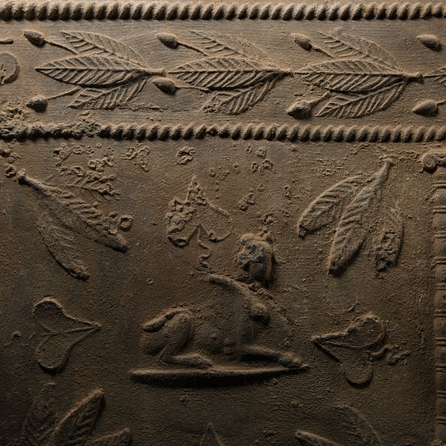 Roman Lead Coffin Fragment with Sphinx, Medusa and Dolphins