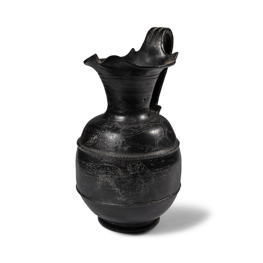 Etruscan Terracotta Bucchero Oinochoe with Incised Animals