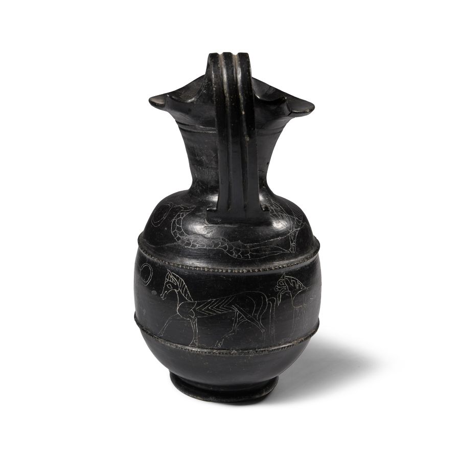 Etruscan Terracotta Bucchero Oinochoe with Incised Animals