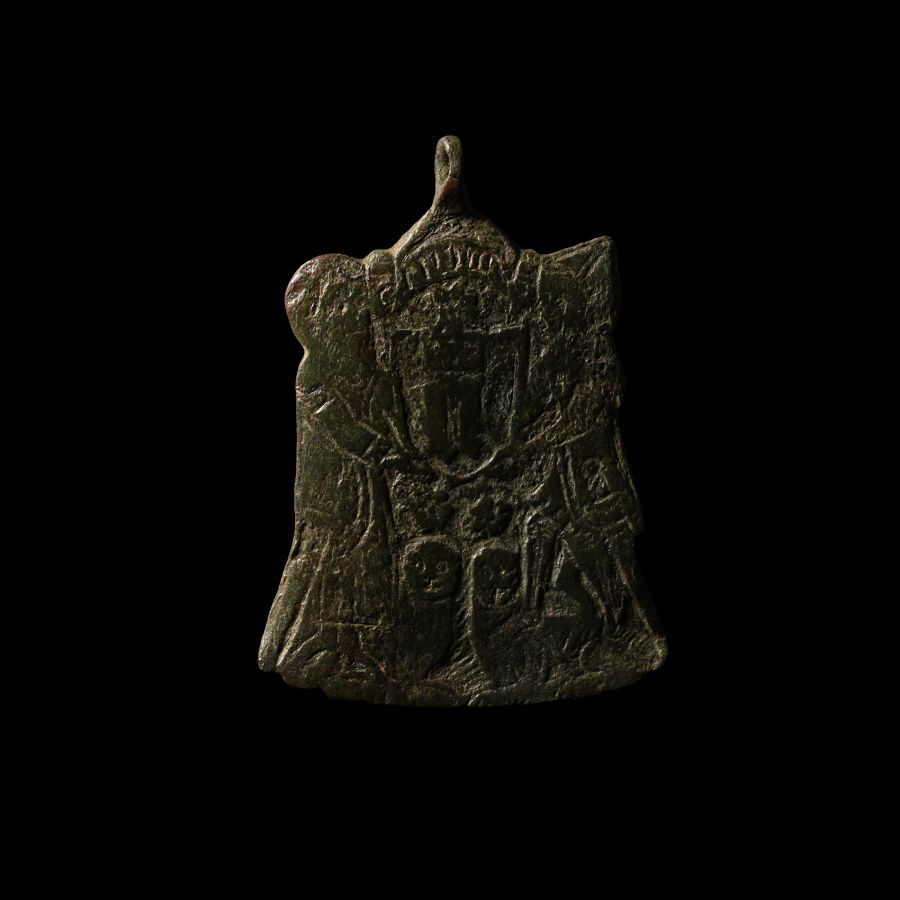 Large Medieval Bronze Heraldic Horse Harness Pendant with Figures Holding a Shield with Crested 'N'