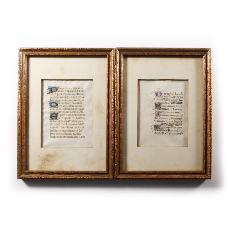 Medieval Framed Vellum Illuminated Manuscript Page Pair