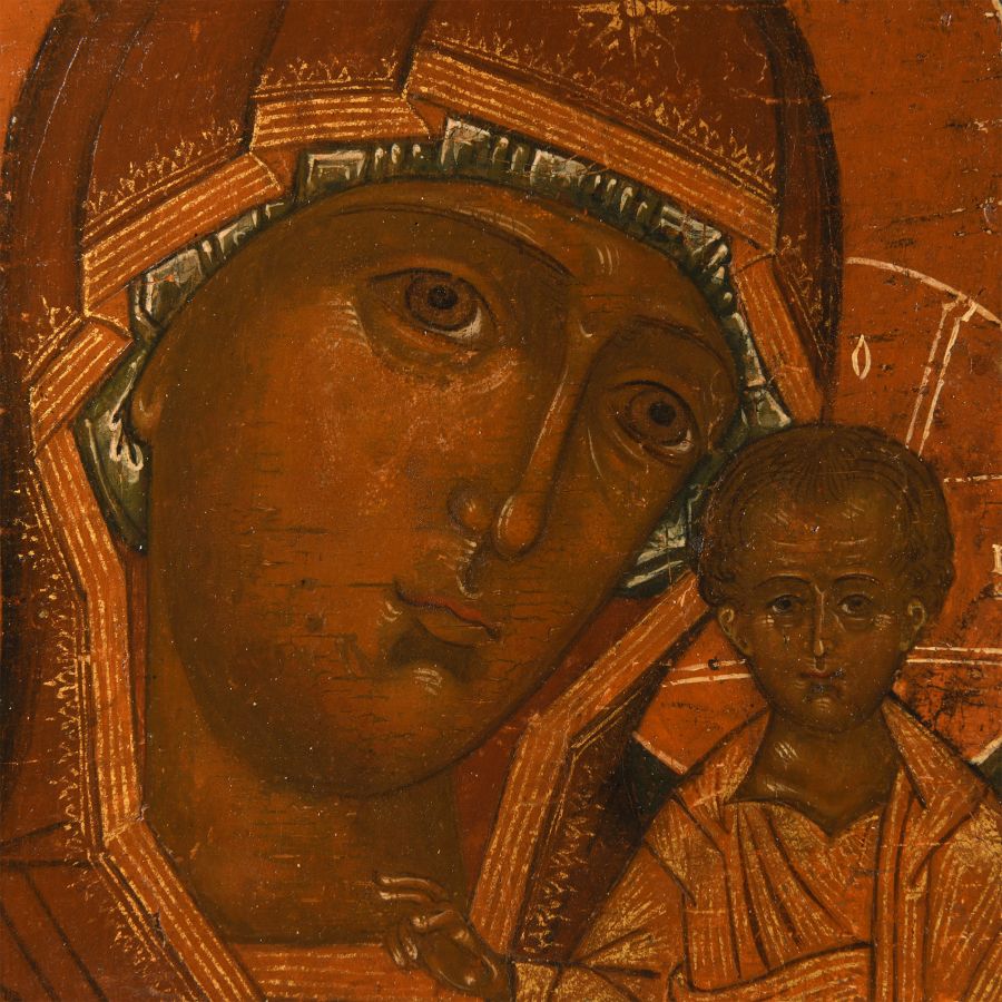 Russian Wooden Icon with Virgin of Kazan