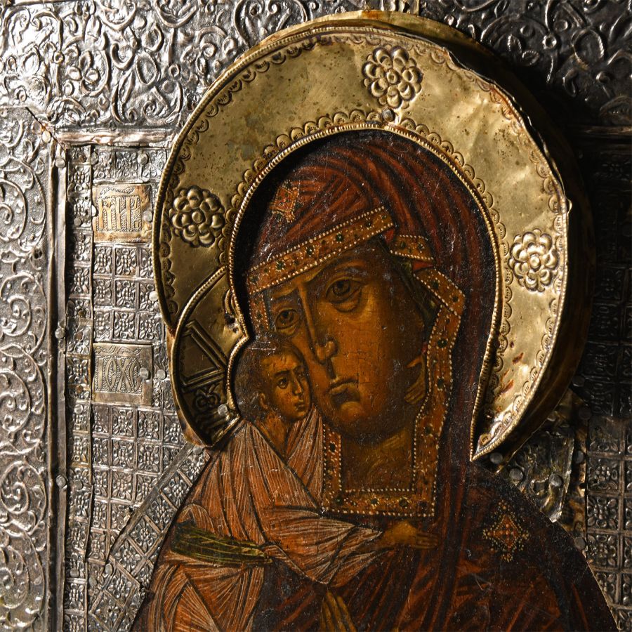 Russian Wooden Icon with Virgin Donskaya with Silver Basma