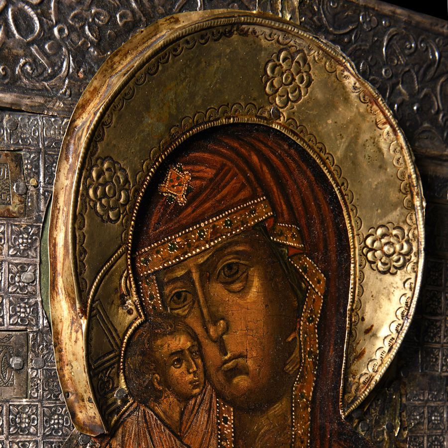 Russian Wooden Icon with Virgin Donskaya with Silver Basma