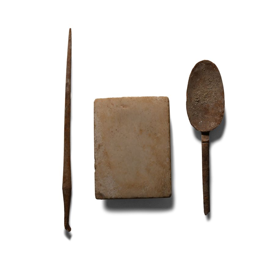 Roman Stone Palette and Bone Implement Group
