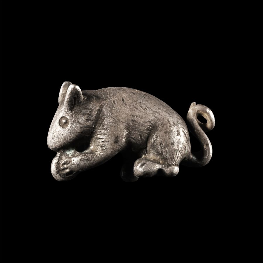Roman Style Silver Mouse Figure Nibbling a Nut