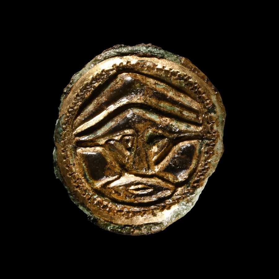 Anglo-Saxon Gilt Chip-Carved Button Brooch with Helmetted Warrior