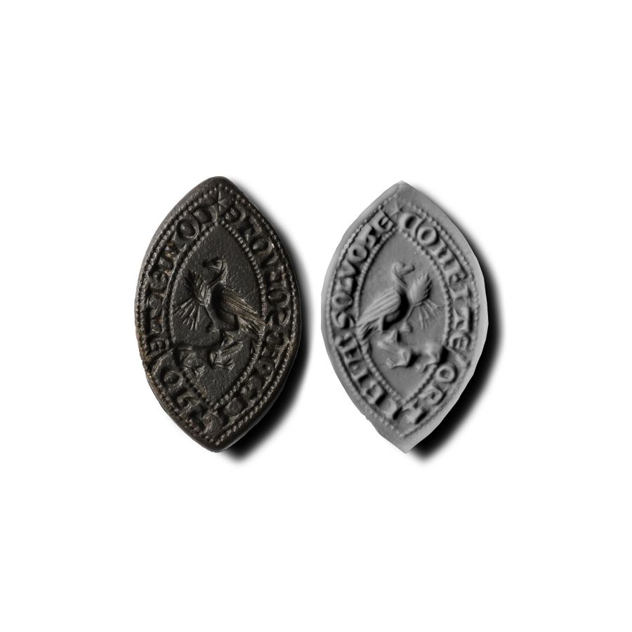 Medieval Bronze Vesica-Shaped Seal Matrix with a Bird