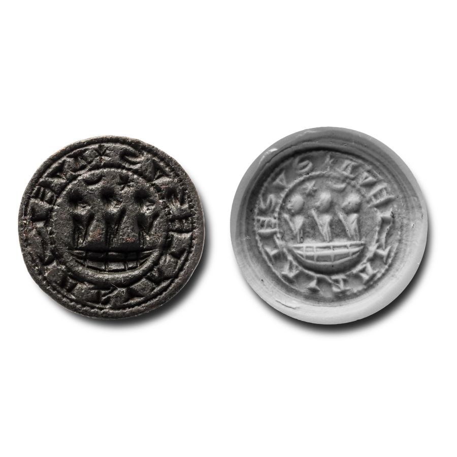 Medieval Bronze Round Seal Matrix with Hail Mary and Jesus