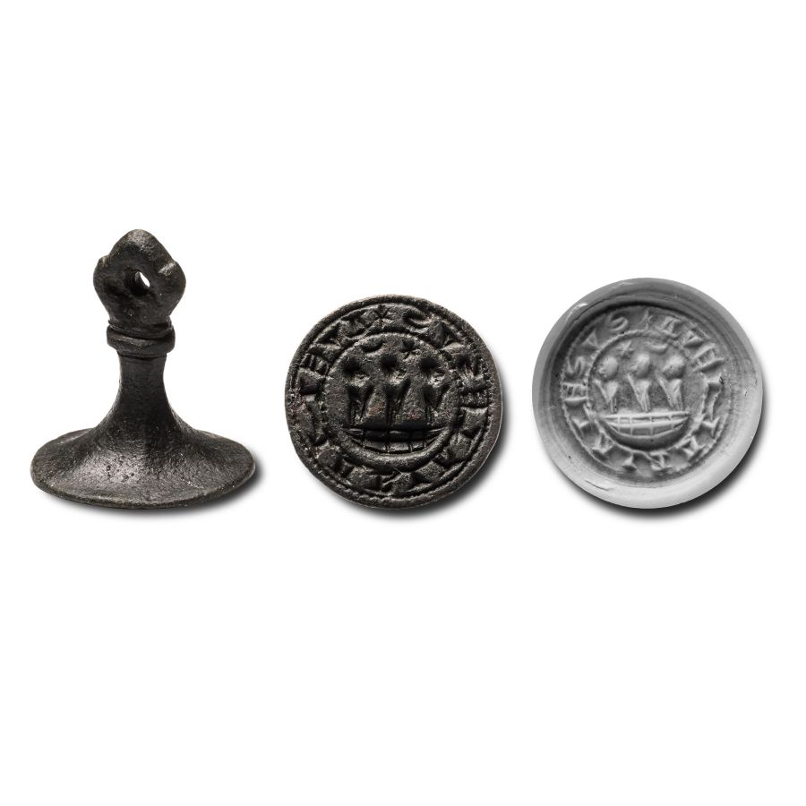 Medieval Bronze Round Seal Matrix with Hail Mary and Jesus