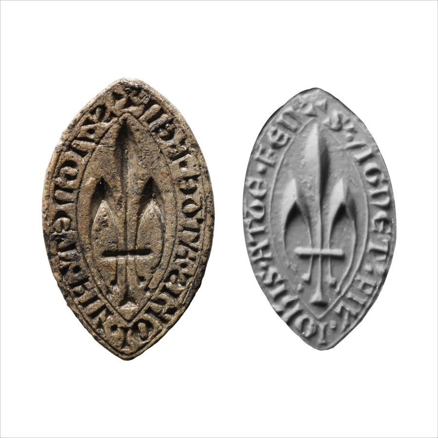 Large Medieval Lead Vesica-Shaped Seal Matrix Daughter of John at the Fen