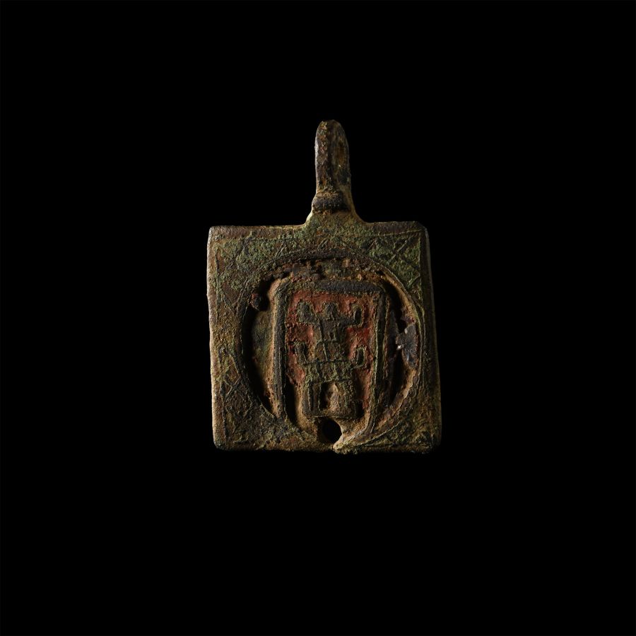 Medieval Knight's Bronze Enamelled Heraldic Horse Harness Pendant with Castle Tower