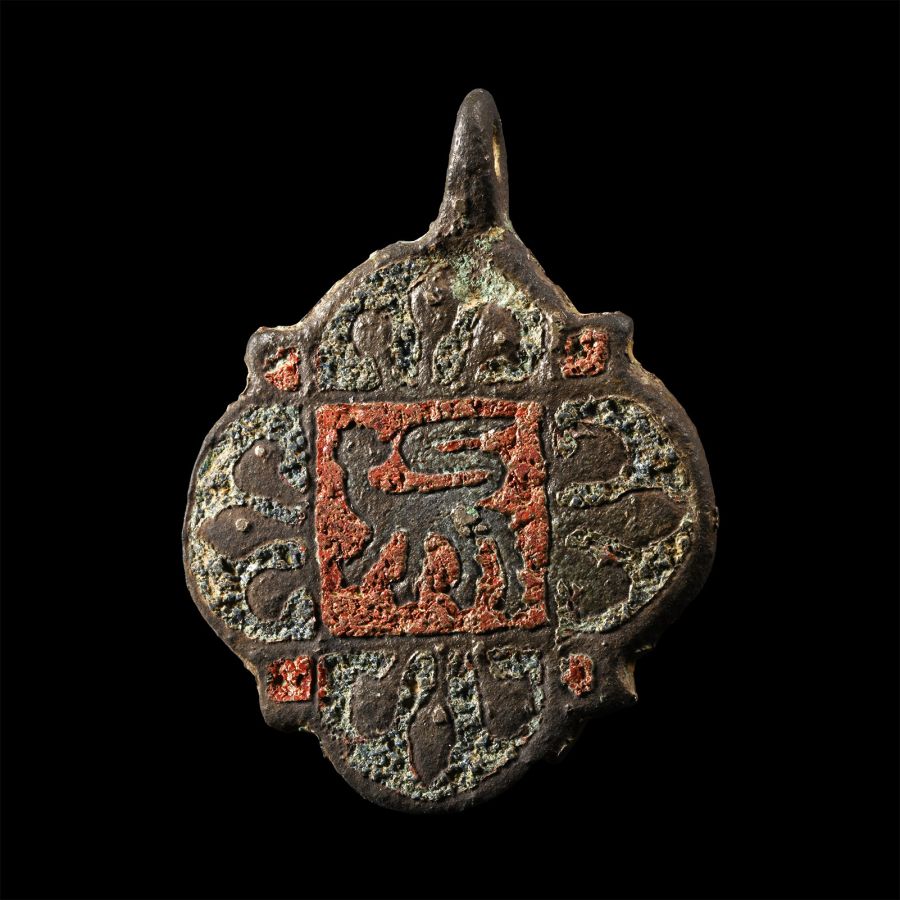 Medieval Knight's Bronze Enamelled Heraldic Horse Harness Pendant with Royal Lion