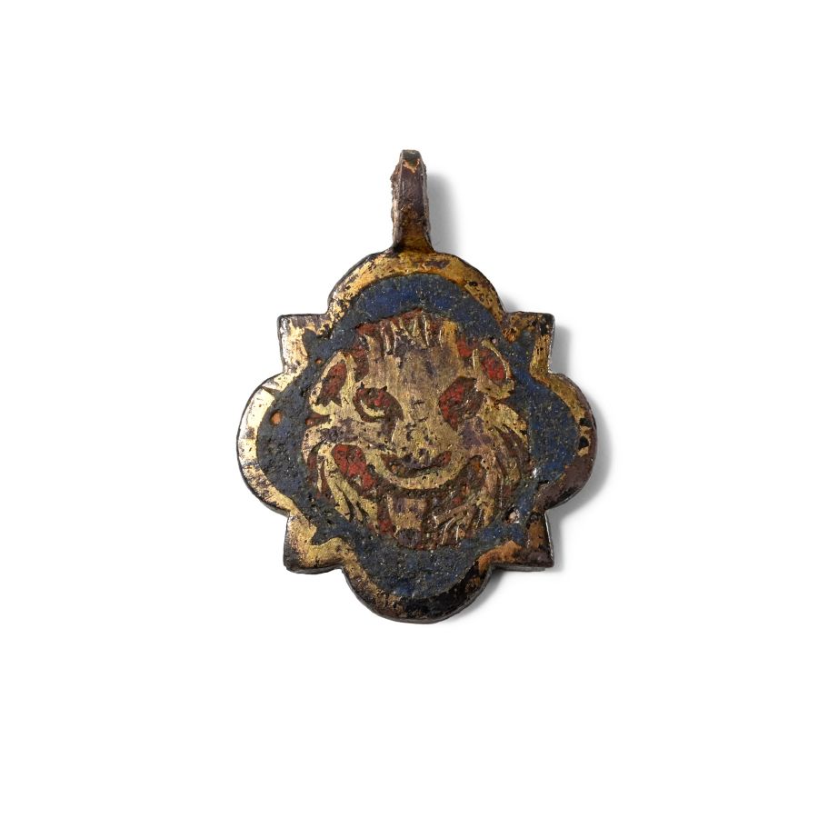 Medieval Knight's Gilt Bronze Enamelled Heraldic Horse Harness Pendant with Face
