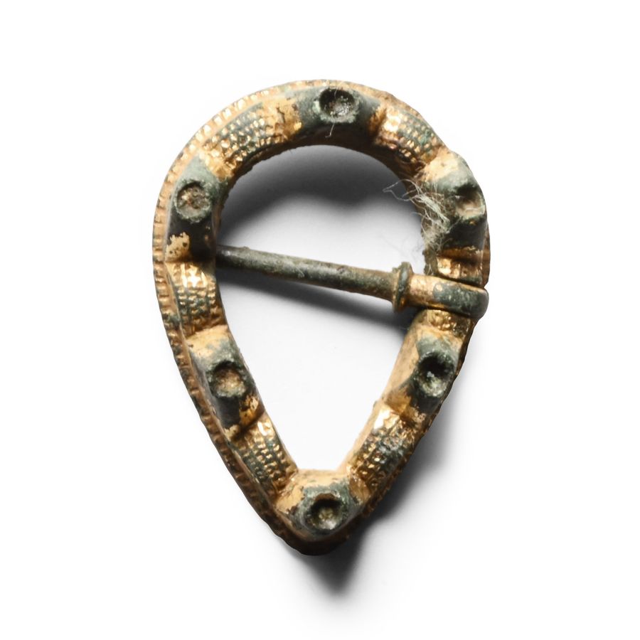 Medieval Gilt Bronze Teardrop Ring Brooch with Turrets